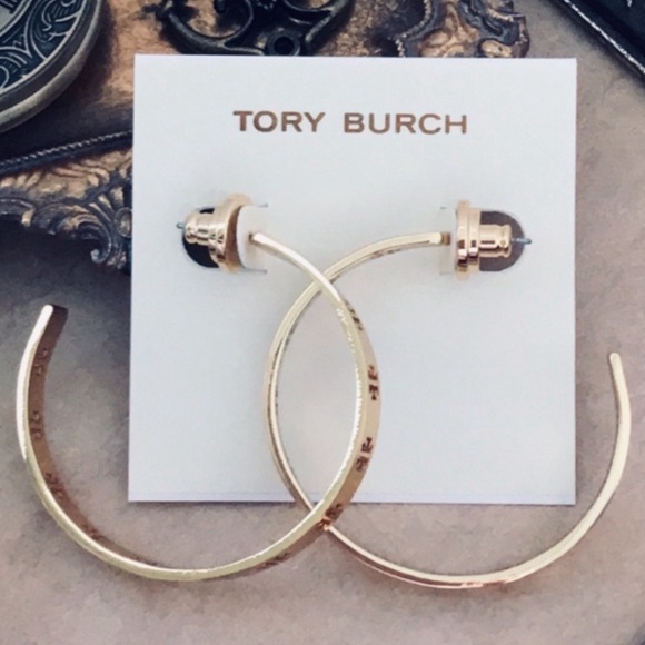 TORY BURCH • Gold Signature Pierced Logo Hoop Earrings - Picture 5 of 5